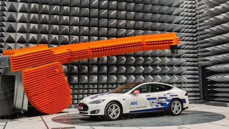 An anechoic chamber for testing antenna technology. AGC has three such chambers, including one in Ypsilanti.