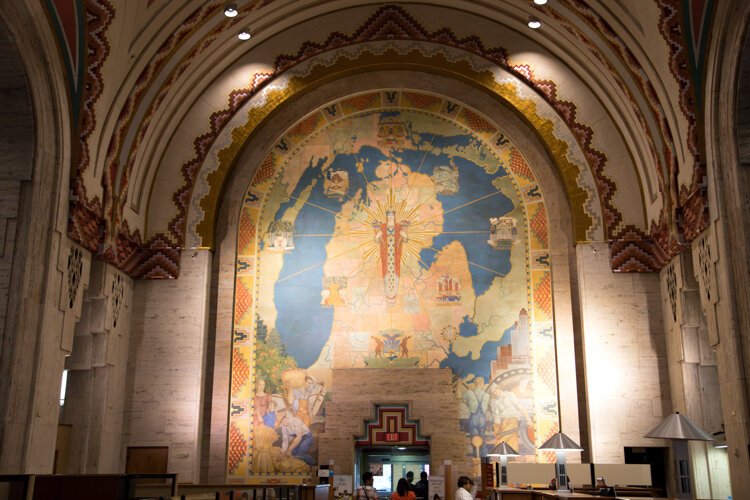 The Guardian Building is a landmark skyscraper at 500 Griswold Street.