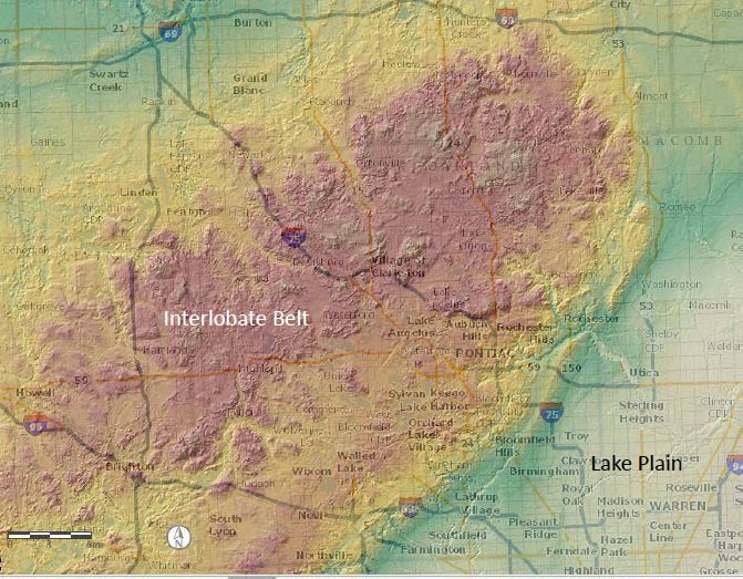 Interlobate high elevation area of Oakland County shown in brown shades. This area was formed as glaciers melted and is dotted with thousands of kettle lakes. Photo courtesy John Zawiskie, Cranbrook Institute of Science.