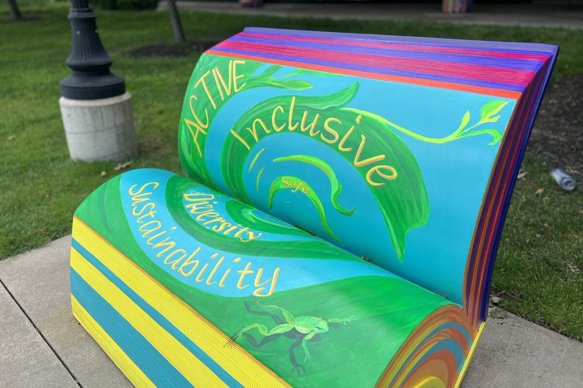 A book-shaped bench by Wendy Popko.