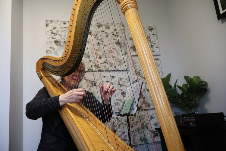 Certified harp practitioner and vibroacoustic harp therapy practitioner Karen Thueme plays music at her office in Richmond.