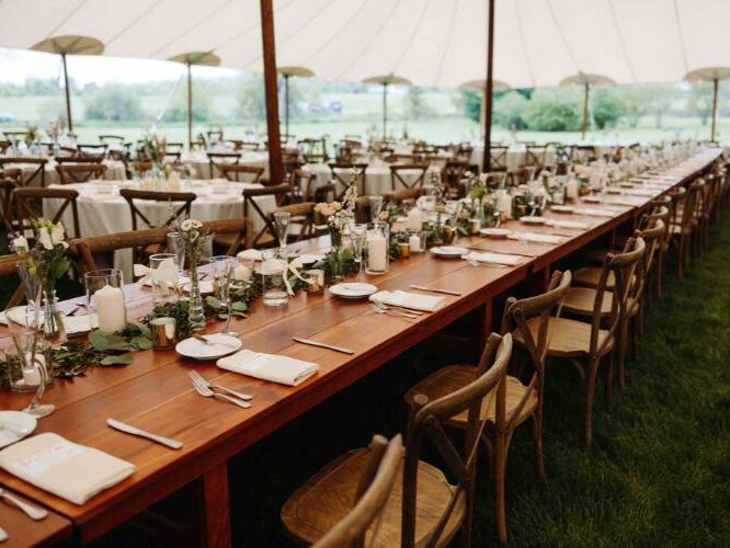 A wedding dinner set up at The Valley at Frutig Farms.