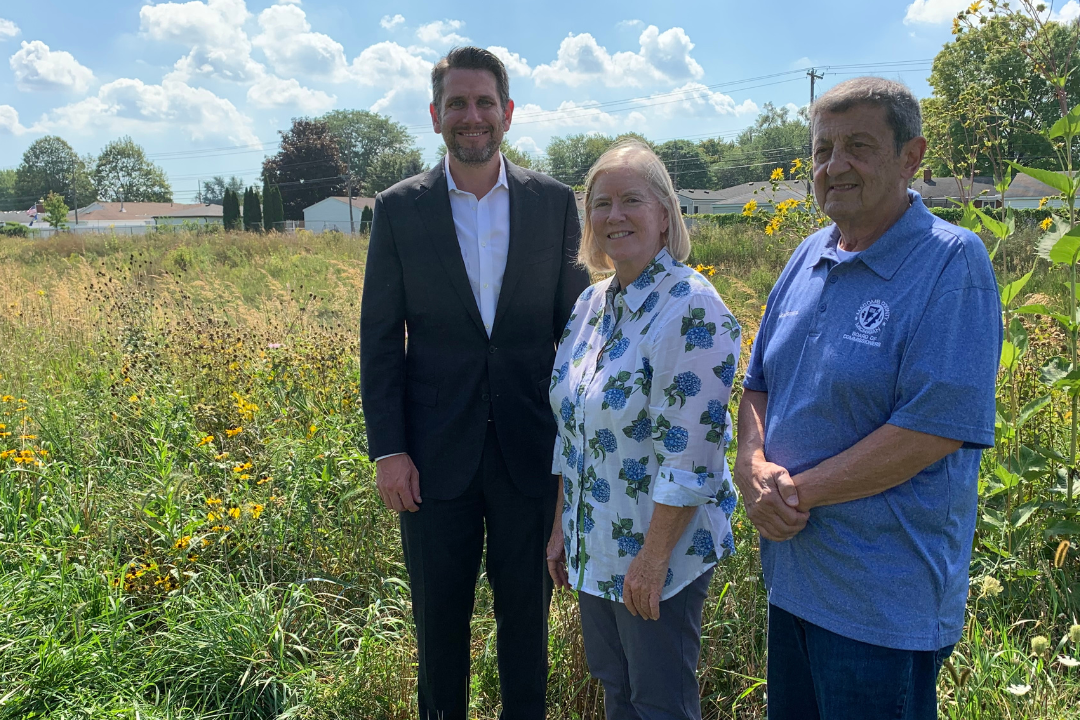 Sterling Heights Mayor Michael Taylor (L to R), Macomb County Public Works Commissioner Candice Miller, and Macomb County Commissioner Joseph Romano at the revamped Sterling Relief Drain. (Photo: Macomb County Public Works)