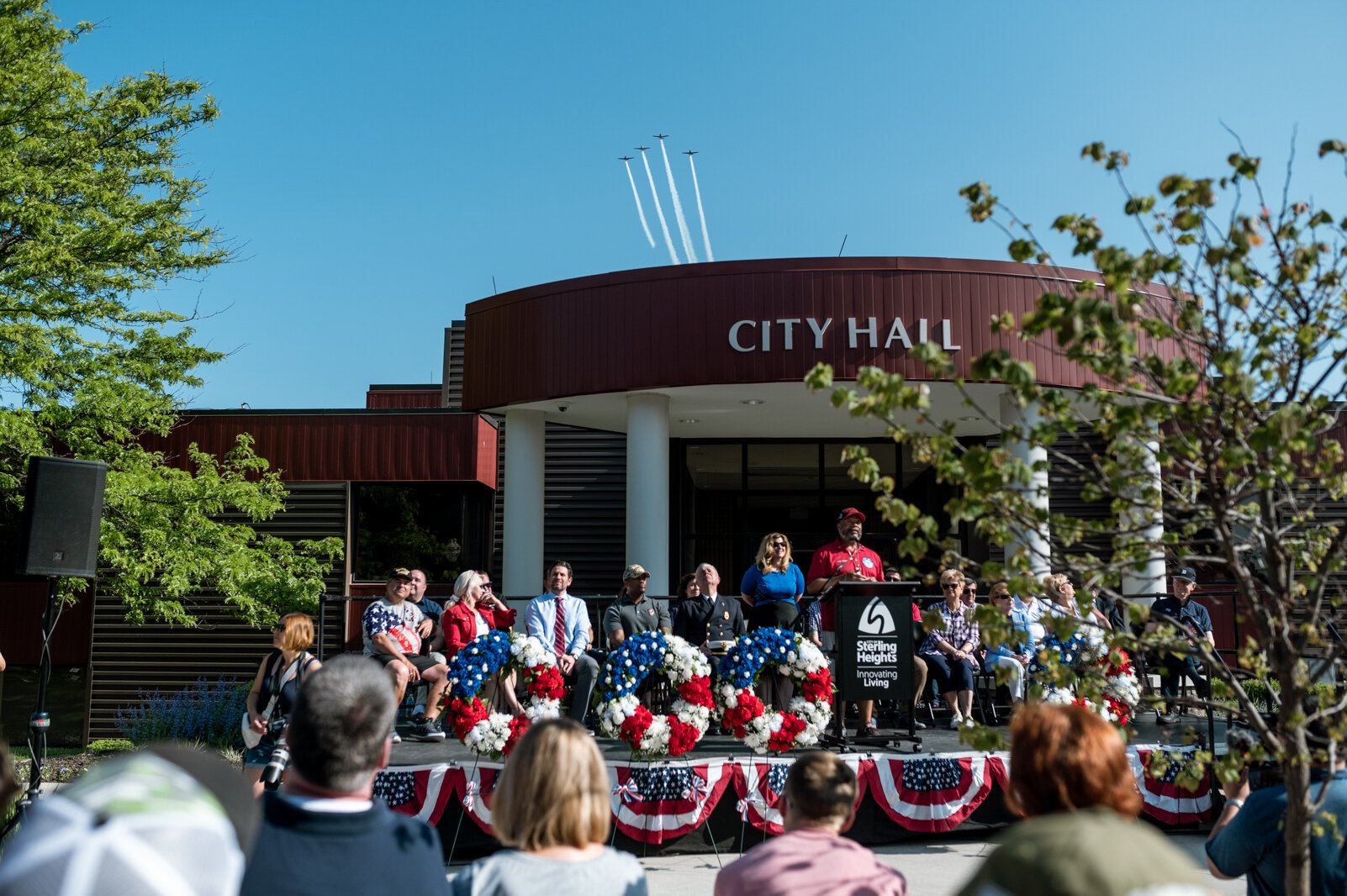The Tuskegee Airmen take flight over Sterling Heights City Hall.