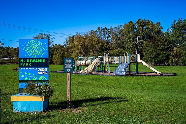 North Kiwanis Park's playscape was donated by the City of Pleasant Ridge, and Friends of Pontiac Parks was able to facilitate the receivership and Pontiac's funding of re-instillation. Photo: Doug Coombe.