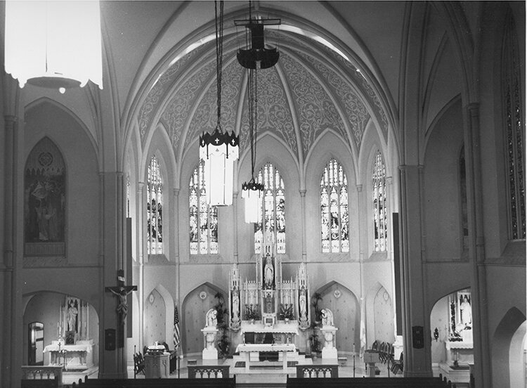 An interior photo of the Our Lady of Lourdes Catholic Church in River Rouge, circa 1949, courtesy of the Archdiocese of Detroit.