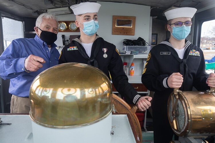 Captain Luke Clyburn with Sea Cadets on the Pride of Michigan. (David Lewinski)