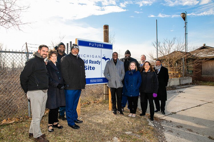 Representatives of the Ecorse Mill Street Site Readiness Team (Kyle Seidel, AEW; Paula Boase, DCC; Councilman Donald Agee Jr.; Mayor Lamar Tidwell; Mayor Pro Tem Darcel Brown; Councilman John Miller; Megan Napier, AKT Peerless; Larry Steckelberg, Michigan Dept. of Treasury; Sally Hodges, McKenna; Richard Marsh, City Administrator).     (Other members of the team not present in the photo include Nicole Whitehead, MEDC; Eric Cline, Michigan Dept. of Treasury; Dan Gough, Michigan EGLE; Kennis Wooten, DTE; Jim Perry, DCC; Vince Ranger, MDOT; Terri Beaumont, City of Ecorse)