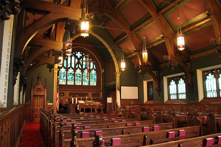 The intricately decorated interior of the First Congregational Church in Wyandotte is a significant example of the artistic craftsmanship of the turn of the twentieth century.