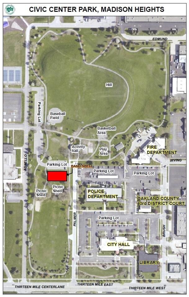 The planned site of the new bandshell at Civic Center Park, highlighted in red. 