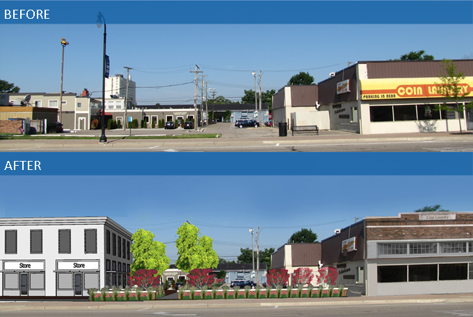 Before and after in Downtown Clawson, Render courtesy Giffels-Webster.
