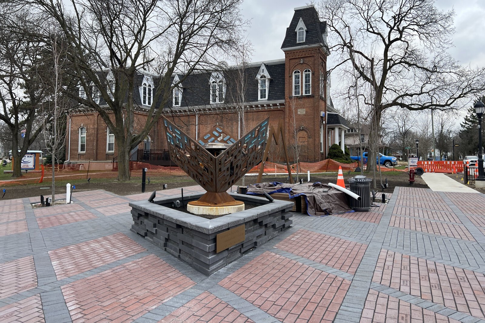 Sculptures by Erik and Israel Nordin punctuate the soon-to-be-finished Masons Corner.