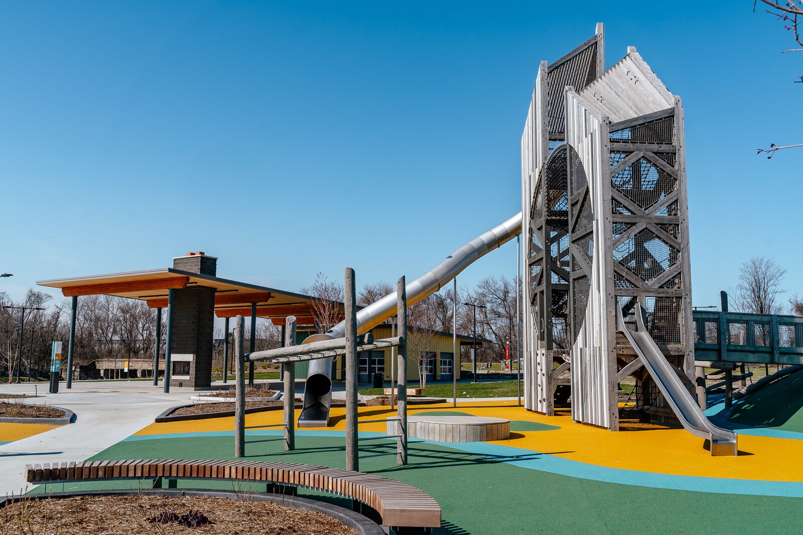 A playground and pavilion at the Joe Louis Greenway's Warren Gateway.