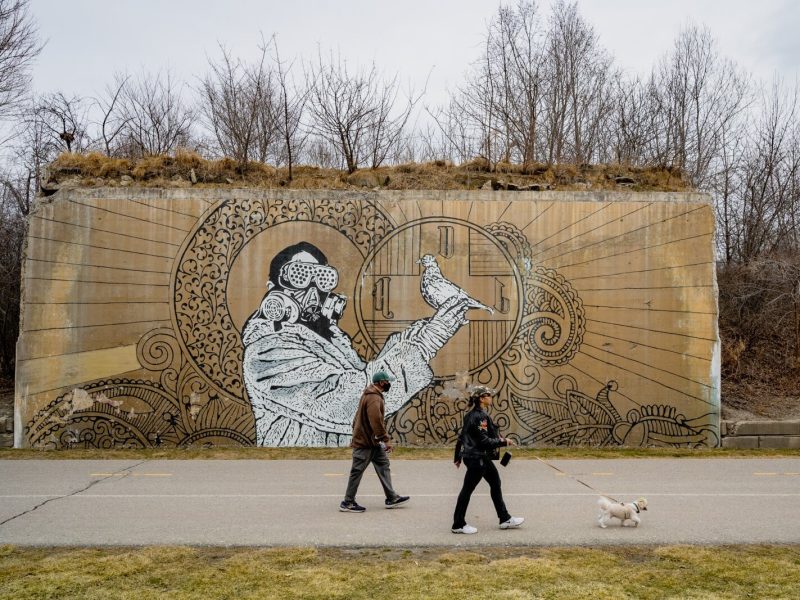 People walking along the Dequindre Cut in Detroit.