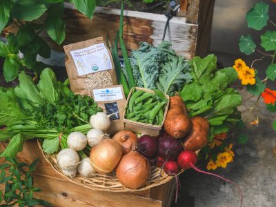 Contents of a farm share box from The Farm at Trinity Health Ann Arbor.
